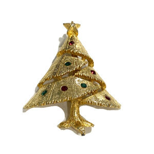Vintage Christmas Tree brooch retro goldtone and multi color rhinestones pin